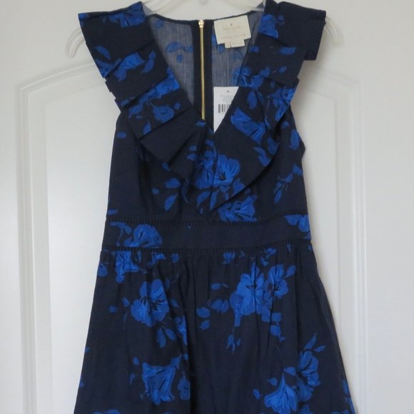NWT Kate Spade Hibiscus Ruffle Dress 100% Cotton Navy & Blue - Size 2 - Picture 5 of 15